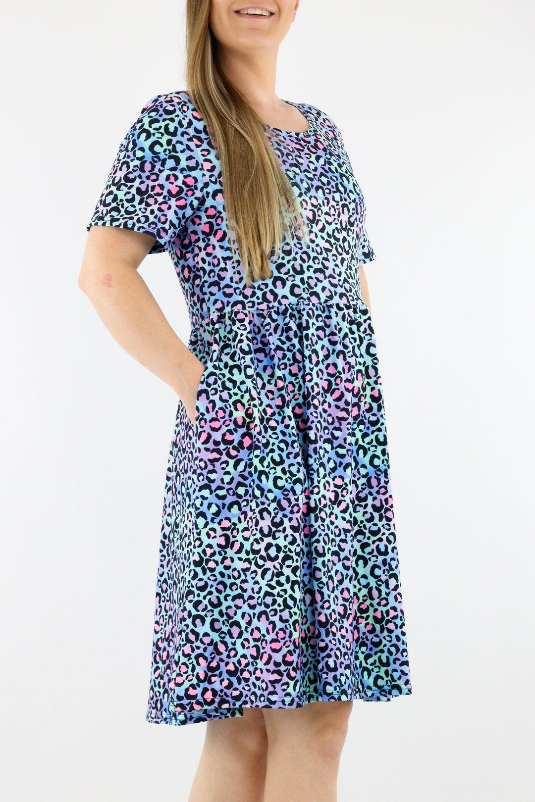 Leopard Sherbert - Short Sleeve Skater Dress - Knee Length - Side Pockets Knee Length Skater Dress Pawlie   