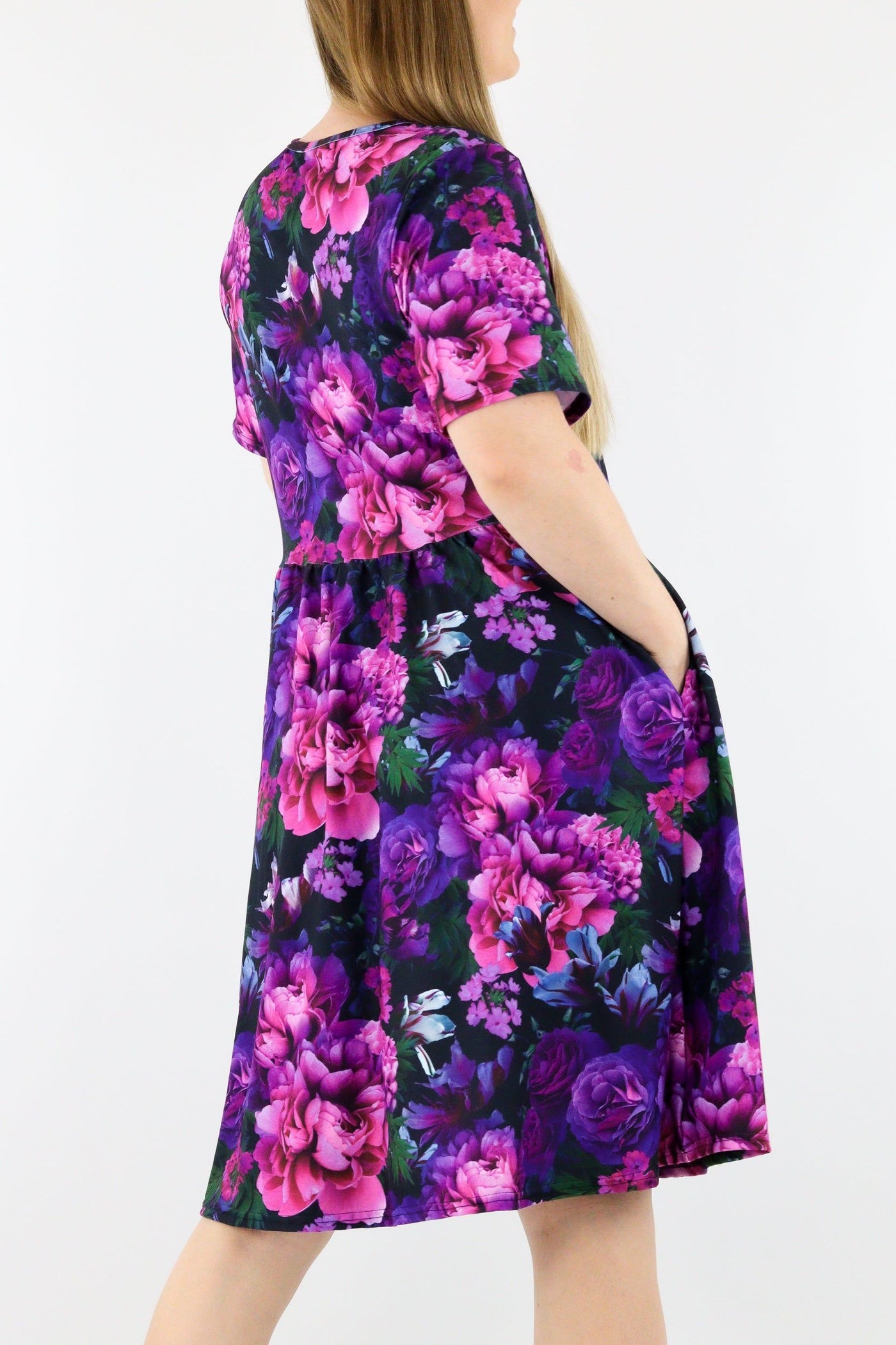 Serenity Flora - Short Sleeve Skater Dress - Knee Length - Side Pockets Knee Length Skater Dress Pawlie   