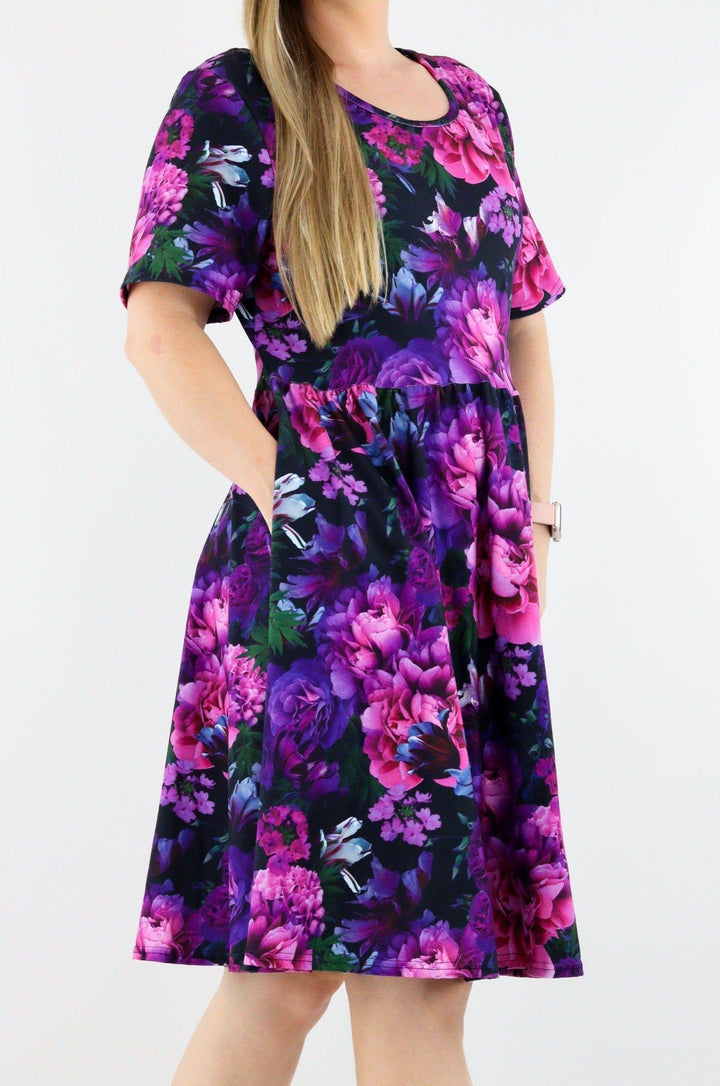 Serenity Flora - Short Sleeve Skater Dress - Knee Length - Side Pockets Knee Length Skater Dress Pawlie   