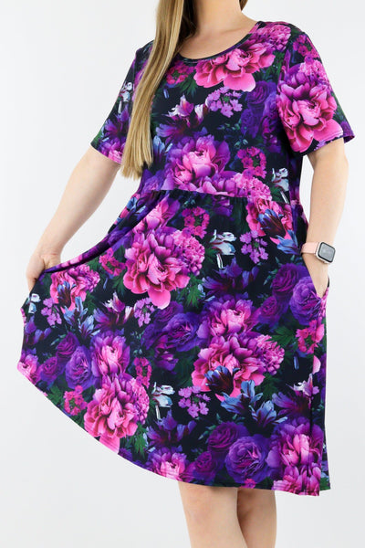 Serenity Flora - Short Sleeve Skater Dress - Knee Length - Side Pockets Knee Length Skater Dress Pawlie   