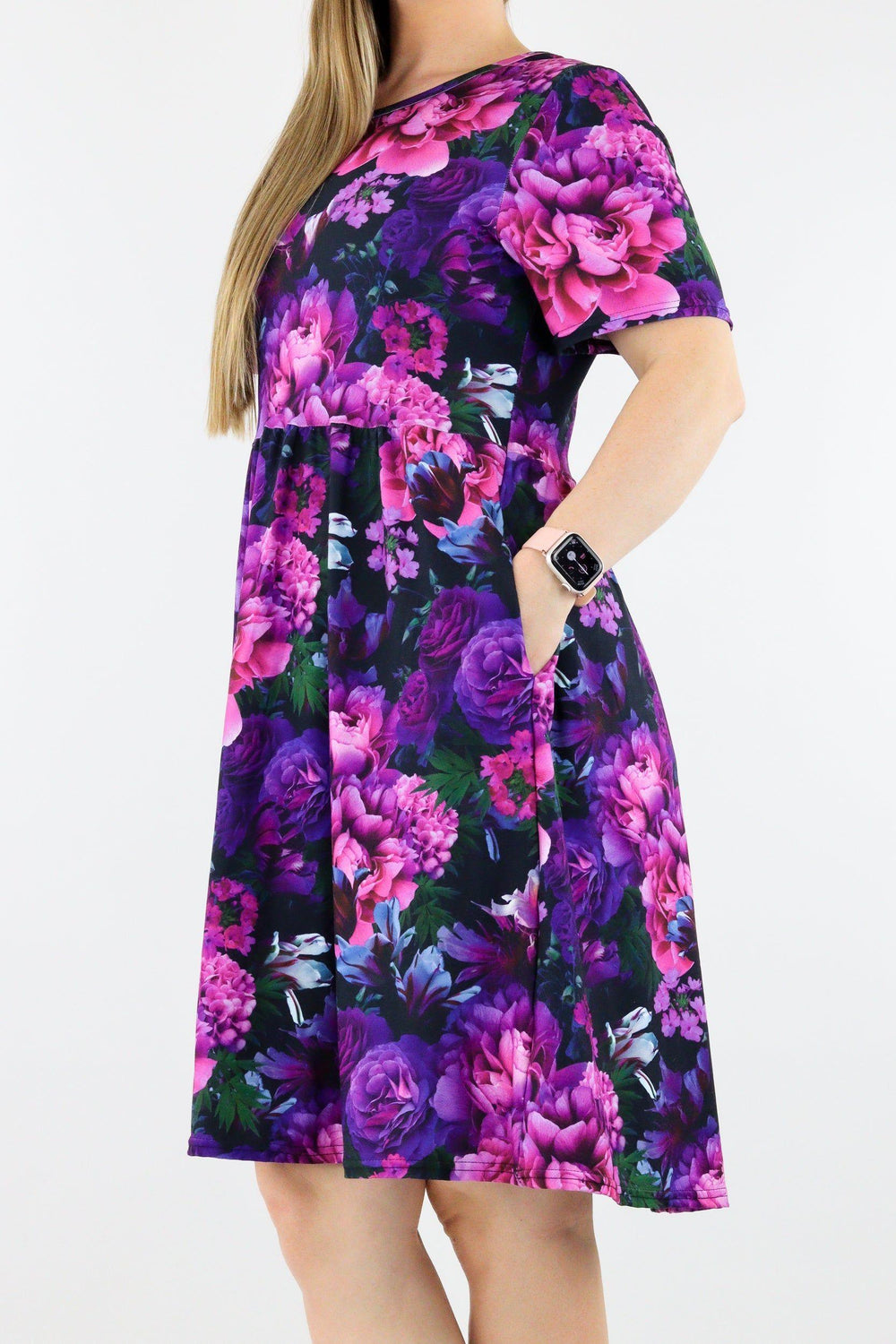 Serenity Flora - Short Sleeve Skater Dress - Knee Length - Side Pockets Knee Length Skater Dress Pawlie   