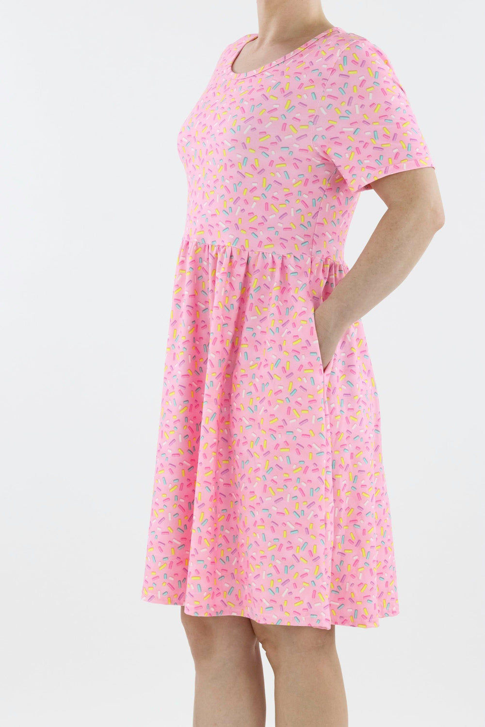 Sprinkles - Short Sleeve Skater Dress - Knee Length - Side Pockets Knee Length Skater Dress Pawlie   