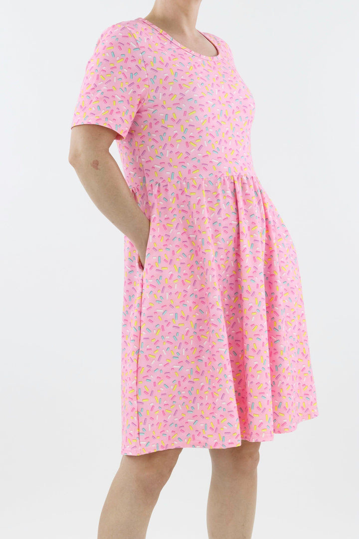 Sprinkles - Short Sleeve Skater Dress - Knee Length - Side Pockets Knee Length Skater Dress Pawlie   