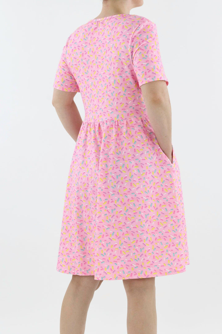Sprinkles - Short Sleeve Skater Dress - Knee Length - Side Pockets Knee Length Skater Dress Pawlie   