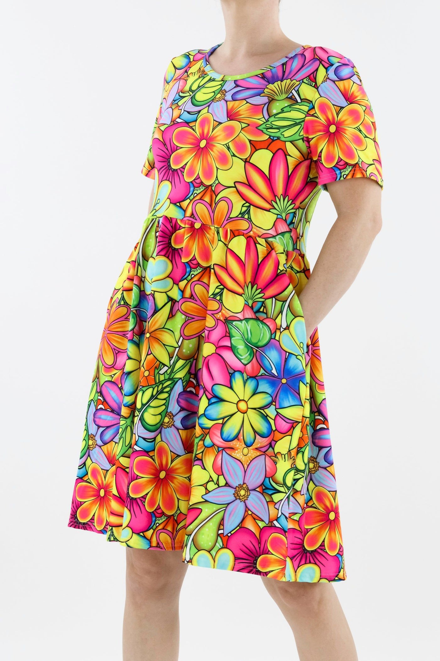 Tutti Frutti Flower - Short Sleeve Skater Dress - Knee Length - Side Pockets Knee Length Skater Dress Pawlie   