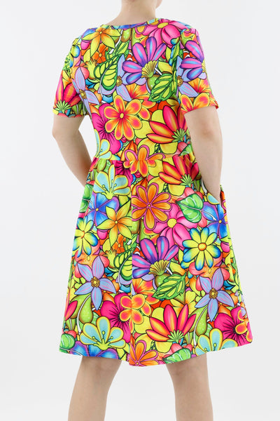 Tutti Frutti Flower - Short Sleeve Skater Dress - Knee Length - Side Pockets Knee Length Skater Dress Pawlie   