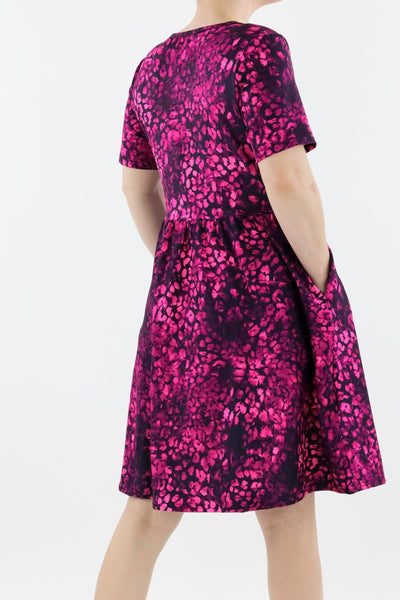 Berry Leopard - Short Sleeve Skater Dress - Knee Length - Side Pockets Knee Length Skater Dress Pawlie   