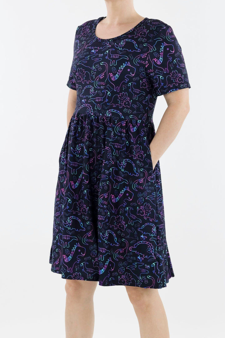 Dinosaur Party - Short Sleeve Skater Dress - Knee Length - Side Pockets Knee Length Skater Dress Pawlie   