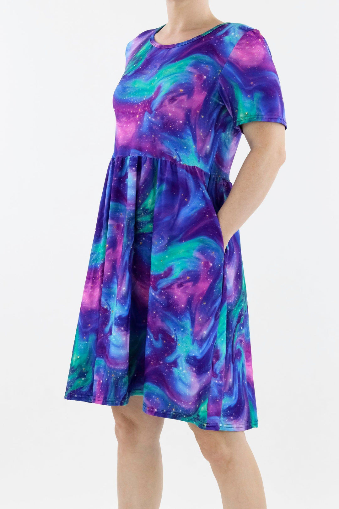 Aurora Sky - Short Sleeve Skater Dress - Knee Length - Side Pockets Knee Length Skater Dress Pawlie   