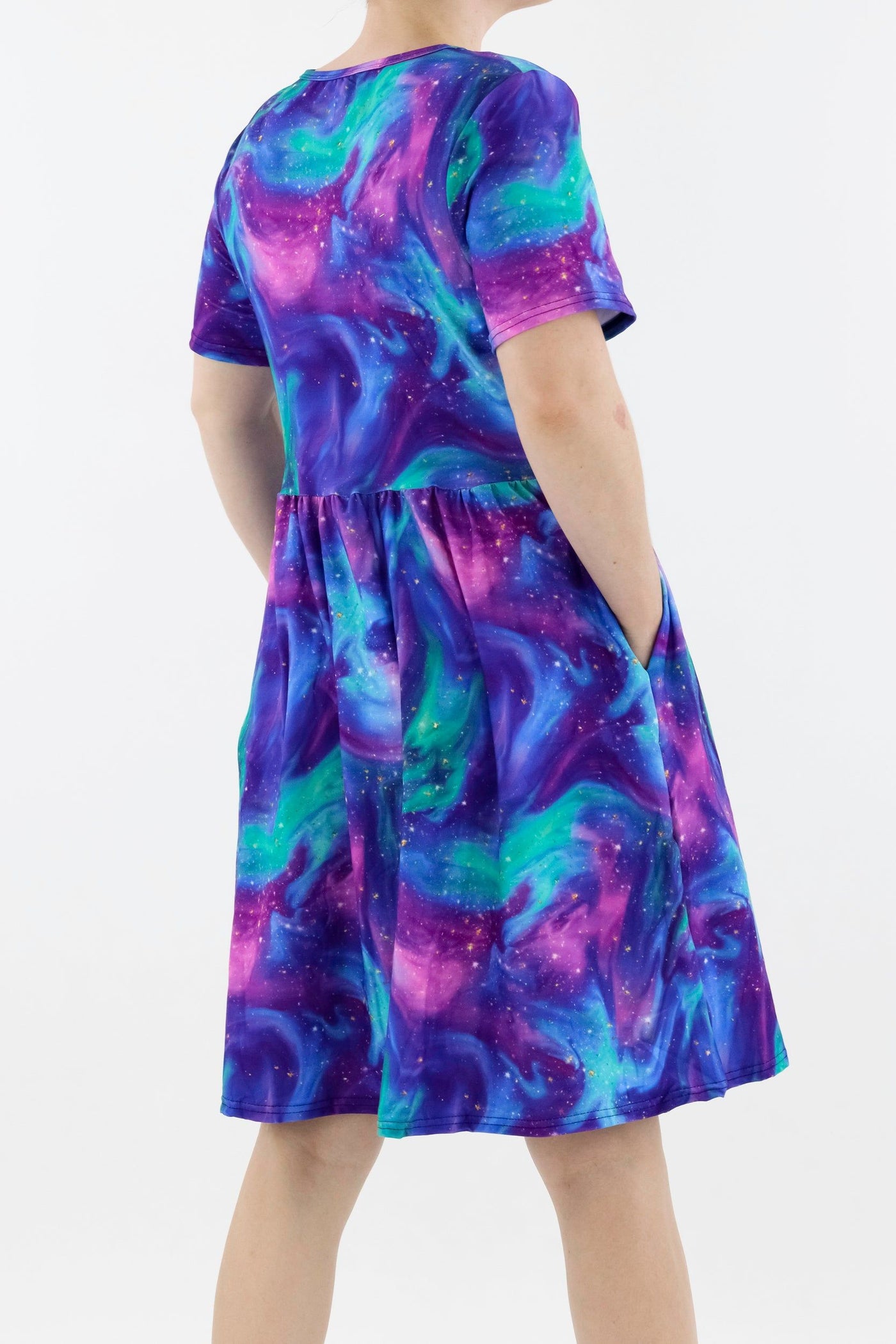 Aurora Sky - Short Sleeve Skater Dress - Knee Length - Side Pockets Knee Length Skater Dress Pawlie   