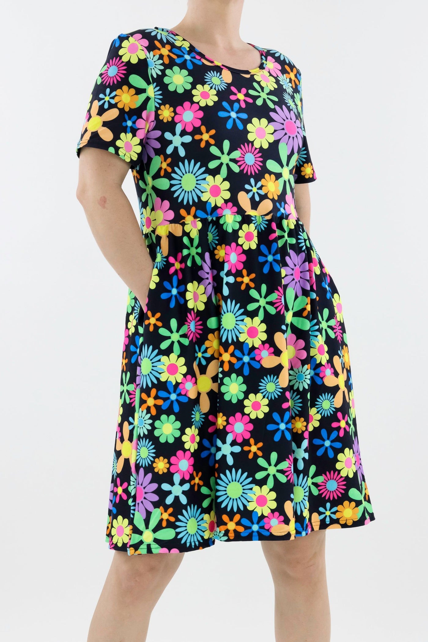 Flower Power - Short Sleeve Skater Dress - Knee Length - Side Pockets Knee Length Skater Dress Pawlie   