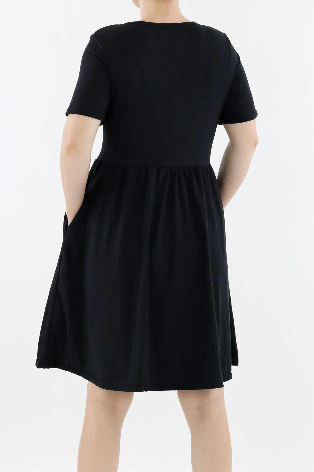Black Short Sleeve Skater Dress Knee Length Side Pockets