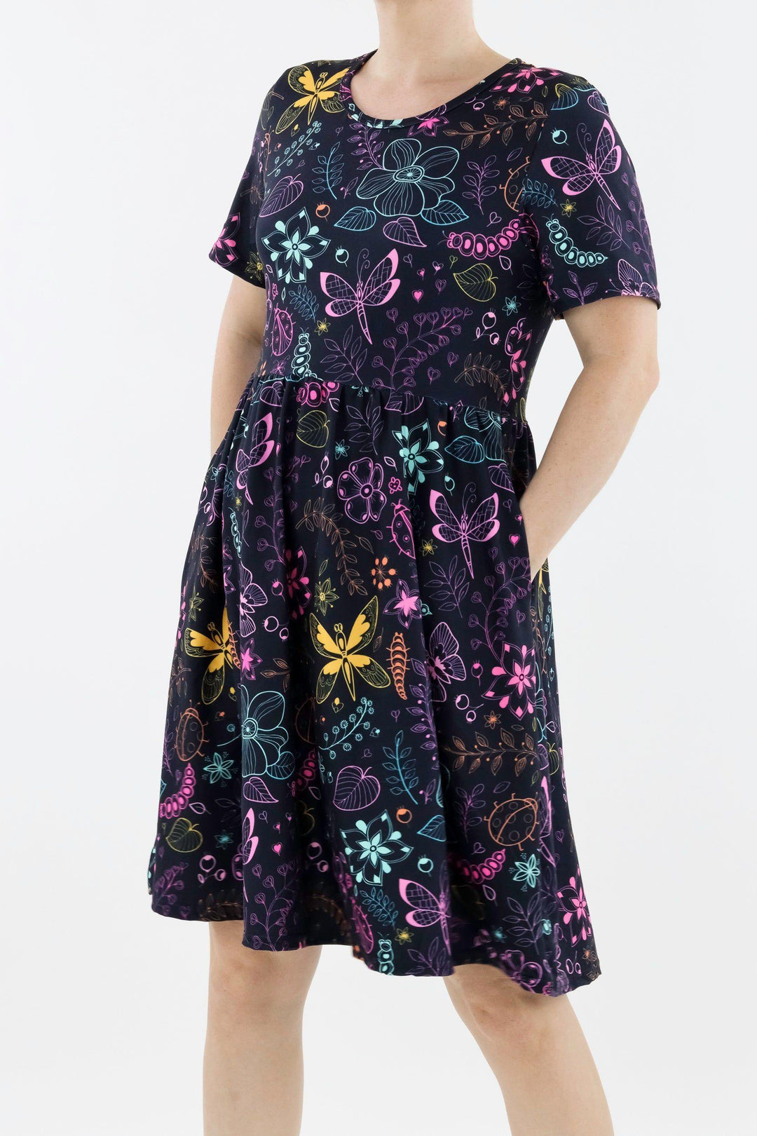 Arthropod Allure - Short Sleeve Skater Dress - Knee Length - Side Pockets Knee Length Skater Dress Pawlie   