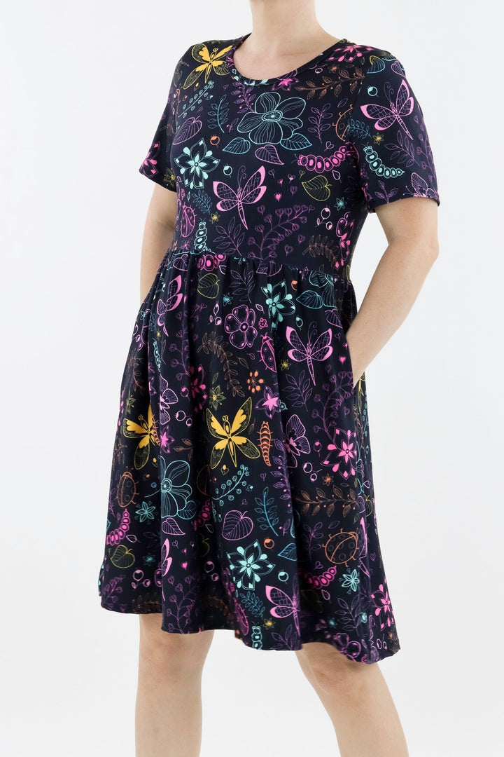 Arthropod Allure - Short Sleeve Skater Dress - Knee Length - Side Pockets Knee Length Skater Dress Pawlie   