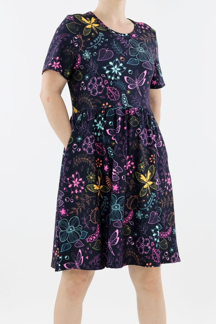 Arthropod Allure - Short Sleeve Skater Dress - Knee Length - Side Pockets Knee Length Skater Dress Pawlie   