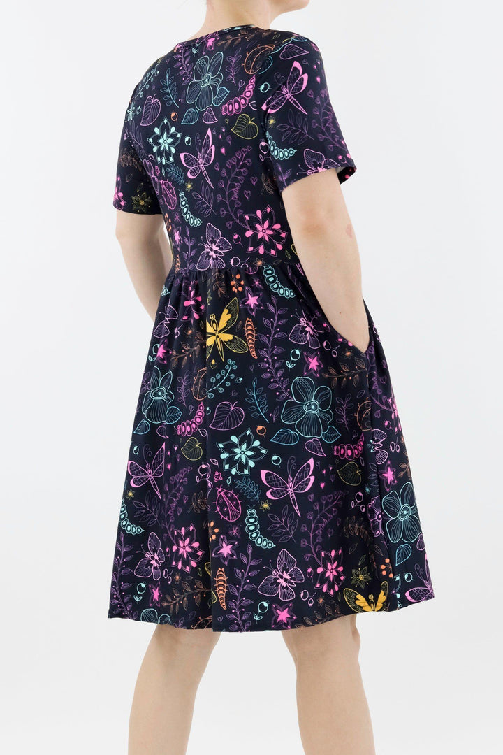 Arthropod Allure - Short Sleeve Skater Dress - Knee Length - Side Pockets Knee Length Skater Dress Pawlie   