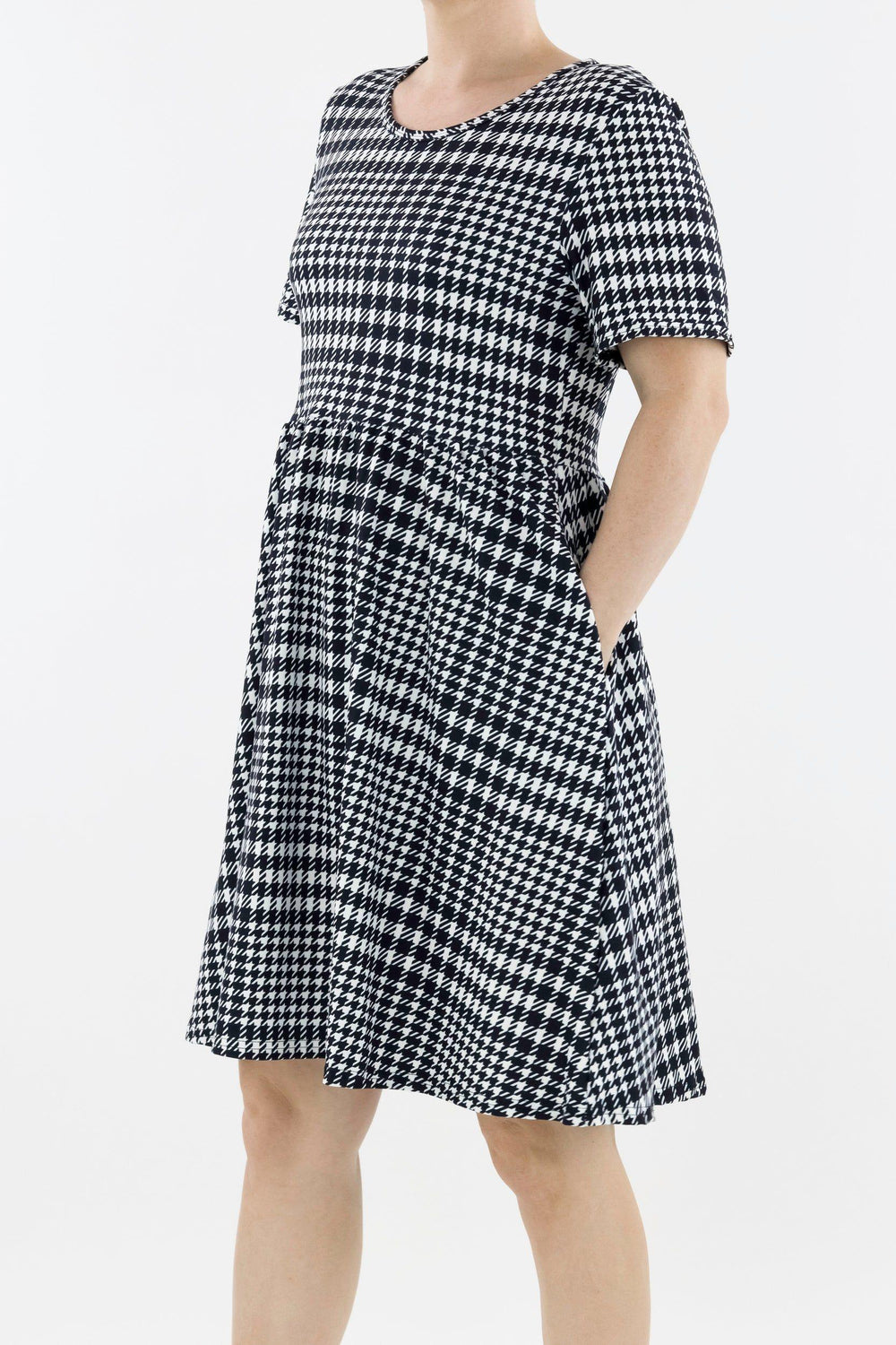 Houndstooth - Short Sleeve Skater Dress - Knee Length - Side Pockets Knee Length Skater Dress Pawlie   