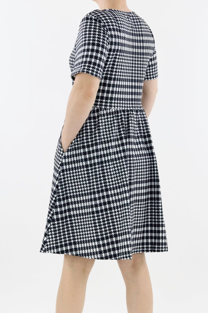 Houndstooth - Short Sleeve Skater Dress - Knee Length - Side Pockets Knee Length Skater Dress Pawlie   