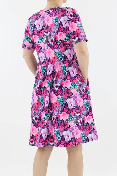 Florescence Butterfly - Short Sleeve Skater Dress - Knee Length - Side Pockets Knee Length Skater Dress Pawlie   